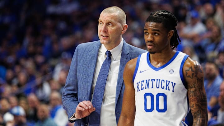 Kentucky Wildcats head coach Mark Pope talks with guard Otega Oweh during the second half against the South Carolina Gamecocks at Rupp Arena at Central Bank Center. Kentucky Wildcats head coach Mark Pope talks with guard Otega Oweh during the second half against the South Carolina Gamecocks at Rupp Arena at Central Bank Center.