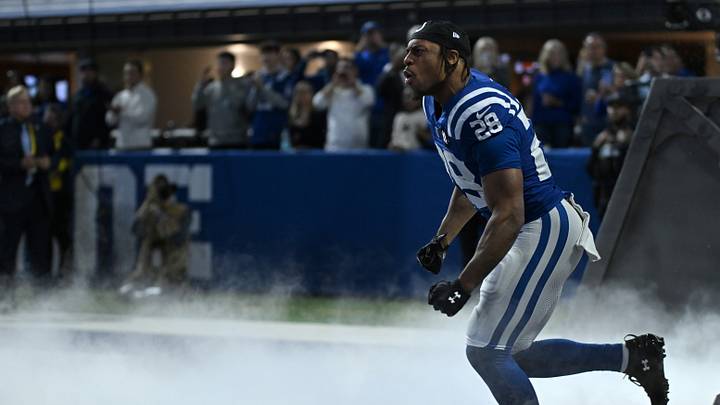 Nov 30, 2025; Indianapolis, Indiana, USA; Indianapolis Colts running back Jonathan Taylor (28) is introduced before a game against the Houston Texans at Lucas Oil Stadium. Mandatory Credit: Robert Goddin-Imagn Images