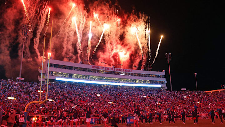 Nov 1, 2025; Oxford, Mississippi, USA; Mississippi Rebels cheerleaders perform between the third and fourth quarters against the South Carolina Gamecocks at Vaught-Hemingway Stadium. Mandatory Credit: Petre Thomas-Imagn Images