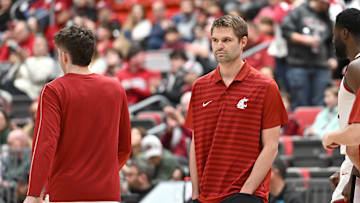 Jan 4, 2025; Pullman, Washington, USA; Washington State Cougars head coach David Riley looks on during a time out in a game against the San Francisco Dons at Friel Court at Beasley Coliseum. Mandatory Credit: James Snook-Imagn Images