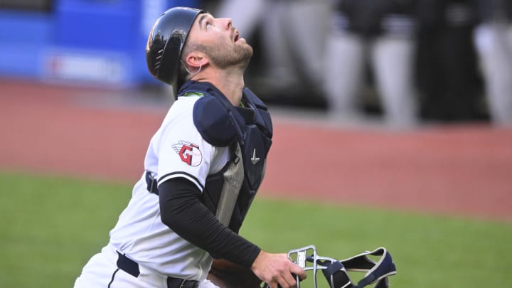 Apr 13, 2024; Cleveland, Ohio, USA; Cleveland Guardians first baseman David Fry (6) looks for a foul ball in the first inning against the New York Yankees at Progressive Field. Mandatory Credit: David Richard-USA TODAY Sports