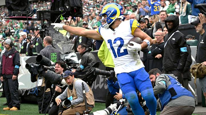 Oct 4, 2026; Philadelphia, Pennsylvania, USA;  Los Angeles Rams wide receiver Puka Nacua (12) celebrates after running for a two-yard touchdown against the Philadelphia Eagles during the second quarter at Lincoln Financial Field.  Mandatory Credit: Eric Hartline-Imagn Images