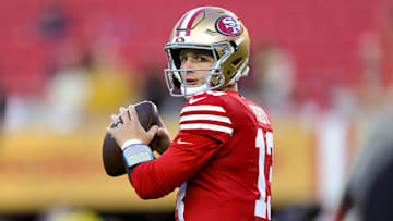 Dec 30, 2024; Santa Clara, California, USA; San Francisco 49ers quarterback Brock Purdy (13) before the game against the Detroit Lions at Levi's Stadium. Mandatory Credit: Sergio Estrada-Imagn Images