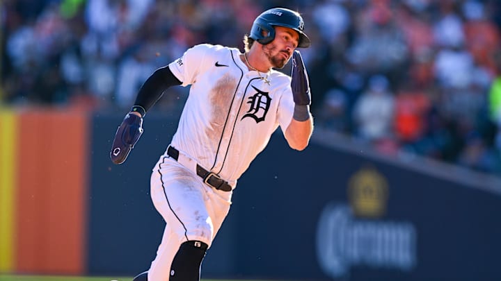 Oct 8, 2025; Detroit, Michigan, USA; Detroit Tigers third baseman Zach McKinstry (39) rounds the bases to score in the fifth inning against the Seattle Mariners during game four of the ALDS round for the 2025 MLB playoffs at Comerica Park. Mandatory Credit: Lon Horwedel-Imagn Images