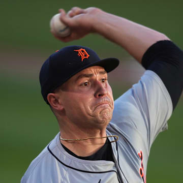 Sep 6, 2024; Oakland, California, USA; Detroit Tigers starting pitcher Tarik Skubal (29) warms up before the game against the Oakland Athletics at Oakland-Alameda County Coliseum.