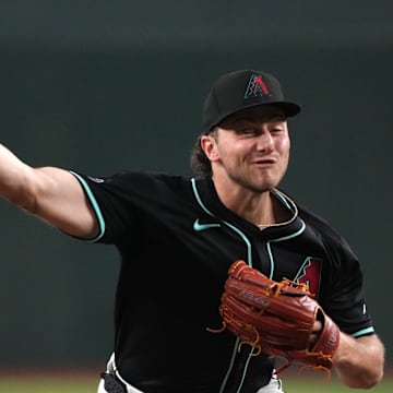 Sep 14, 2024; Phoenix, Arizona, USA; Arizona Diamondbacks pitcher Brandon Pfaadt (32) throws against the Milwaukee Brewers in the first inning at Chase Field. Mandatory Credit: Rick Scuteri-Imagn Images