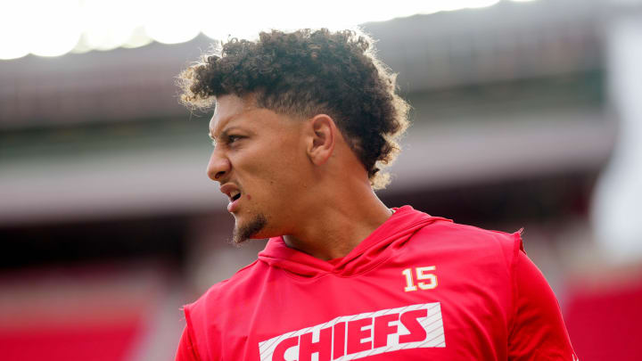 Aug 22, 2024; Kansas City, Missouri, USA; Kansas City Chiefs quarterback Patrick Mahomes (15) warms up prior to a game against the Chicago Bears at GEHA Field at Arrowhead Stadium. Mandatory Credit: Jay Biggerstaff-USA TODAY Sports