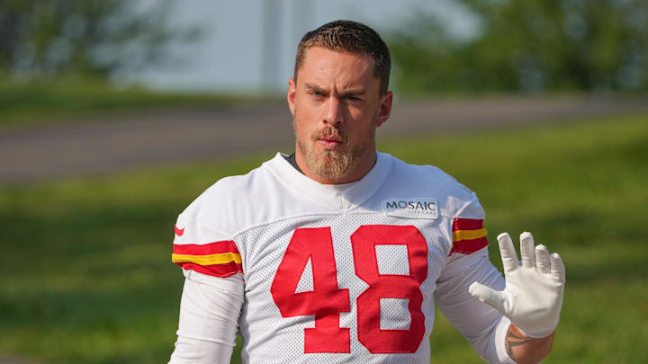 Jul 22, 2024; St. Joseph, MO, USA; Kansas City Chiefs linebacker Cole Christiansen (48) walks down the hill from the locker room to the fields prior to training camp at Missouri Western State University. Mandatory Credit: Denny Medley-Imagn Images