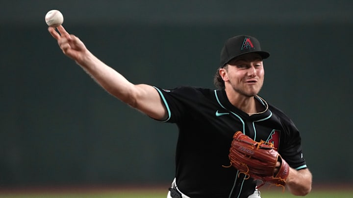 Sep 14, 2024; Phoenix, Arizona, USA; Arizona Diamondbacks pitcher Brandon Pfaadt (32) throws against the Milwaukee Brewers in the first inning at Chase Field. Mandatory Credit: Rick Scuteri-Imagn Images