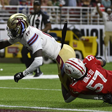Jun 14, 2025; St. Louis, MO, USA; Michigan Panthers wide receiver Malik Turner (17) scores a touchdown against the DC Defenders during the second quarter of the 2025 UFL Championship at The Dome at America’s Center. Mandatory Credit: Jeff Le-Imagn Images