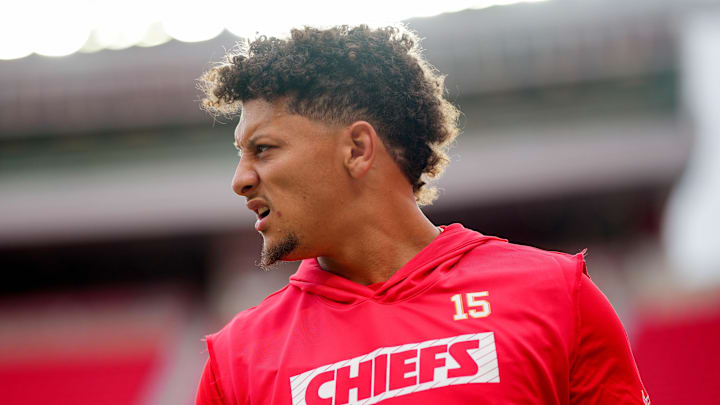 Aug 22, 2024; Kansas City, Missouri, USA; Kansas City Chiefs quarterback Patrick Mahomes (15) warms up prior to a game against the Chicago Bears at GEHA Field at Arrowhead Stadium. Mandatory Credit: Jay Biggerstaff-Imagn Images