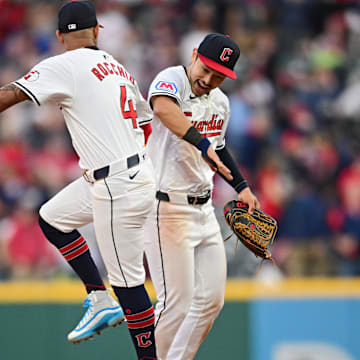 Apr 8, 2024; Cleveland, Ohio, USA; Cleveland Guardians left fielder Steven Kwan (38) celebrates with shortstop Brayan Rocchio (4) after they defeated the Chicago White Sox at Progressive Field. Mandatory Credit: David Dermer-Imagn Images