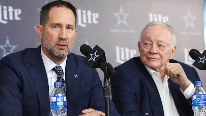 Jan 27, 2025; Frisco, TX, USA;   Dallas Cowboys Head Coach Brian Schottenheimer and owner Jerry Jones speak to the media at a press conference at the Star.  Mandatory Credit: Tim Heitman-Imagn Images