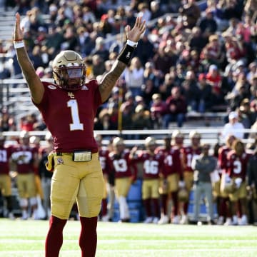 Nov 24, 2023; Chestnut Hill, Massachusetts, USA; Boston College Eagles quarterback Thomas Castellanos (1) reacts after a touchdown against the Miami Hurricanes during the first half at Alumni Stadium. Mandatory Credit: Brian Fluharty-USA TODAY Sports