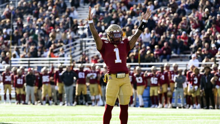 Nov 24, 2023; Chestnut Hill, Massachusetts, USA; Boston College Eagles quarterback Thomas Castellanos (1) reacts after a touchdown against the Miami Hurricanes during the first half at Alumni Stadium. Mandatory Credit: Brian Fluharty-USA TODAY Sports