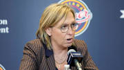 Indiana Fever General Manager Amber Cox speaks during an introductory press conference for forward DeWanna Bonner on Monday, Feb. 10, 2025, at Gainbridge Fieldhouse in Indianapolis.