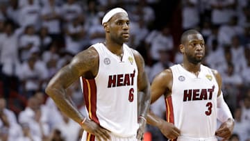 The Miami Heat's LeBron James (6) and Dwyane Wade (3).