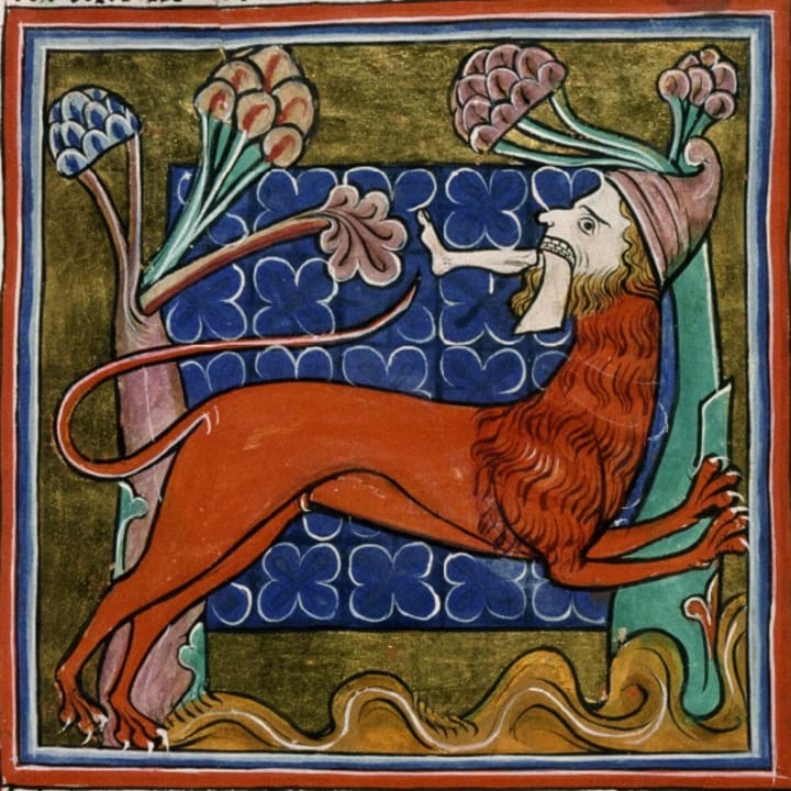 illustration of a manticore, wearing a Phrygian and holding a severed human leg in its mouth