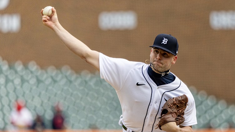 Apr 18, 2023; Detroit, Michigan, USA; Detroit Tigers relief pitcher Alex Lange (55) pitches in the