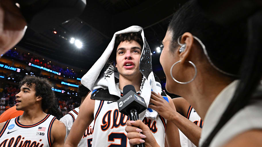 Illinois Fighting Illini guard Keaton Wagler speaks to media after defeating the Iowa Hawkeyes in an Elite Eight game.