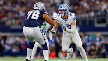 Oct 13, 2024; Arlington, Texas, USA; Detroit Lions defensive end Aidan Hutchinson (97) rushes the passer with Dallas Cowboys offensive tackle Terence Steele (78) blocking during the third quarter at AT&T Stadium. Mandatory Credit: Andrew Dieb-Imagn Images