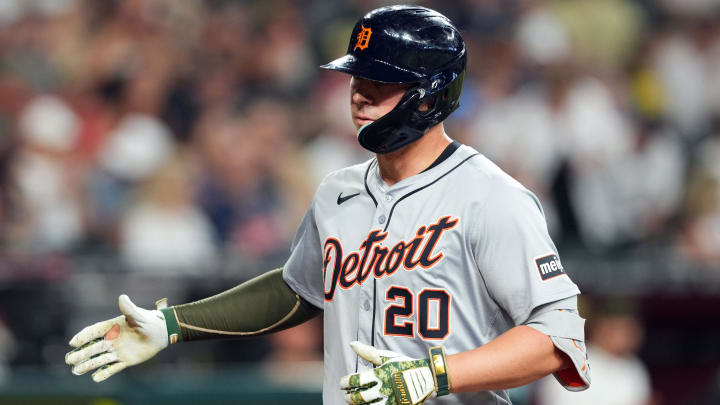 May 19, 2024; Phoenix, Arizona, USA; Detroit Tigers first base Spencer Torkelson (20) celebrates after hitting a home run against the Arizona Diamondbacks during the third inning at Chase Field.