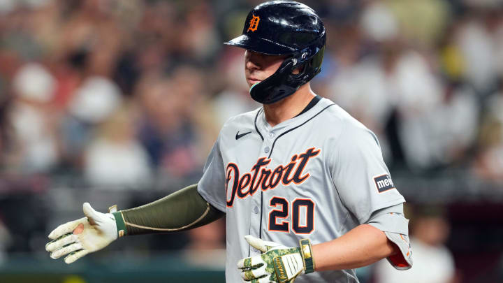 May 19, 2024; Phoenix, Arizona, USA; Detroit Tigers first base Spencer Torkelson (20) celebrates after hitting a home run against the Arizona Diamondbacks during the third inning at Chase Field.