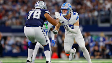 Oct 13, 2024; Arlington, Texas, USA; Detroit Lions defensive end Aidan Hutchinson (97) rushes the passer with Dallas Cowboys offensive tackle Terence Steele (78) blocking during the third quarter at AT&T Stadium.