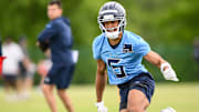 May 10, 2025; Nashville, TN, USA;  Tennessee Titans wider receiver Elic Ayomanor (5) goes through drills during Rookie Mini Camp at Saint Thomas Sports Park. Mandatory Credit: Steve Roberts-Imagn Images