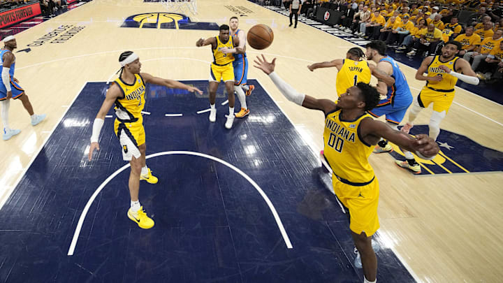 Indiana Pacers guard Bennedict Mathurin reaches for the ball against the Oklahoma City Thunder. Indiana Pacers guard Bennedict Mathurin reaches for the ball against the Oklahoma City Thunder.