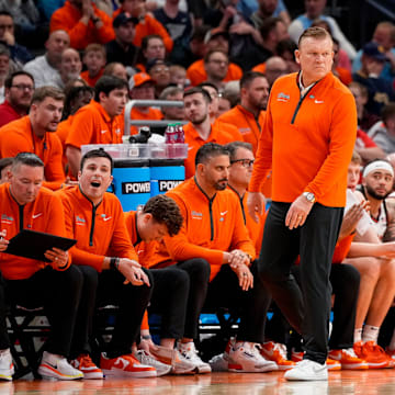 Illinois Fighting Illini head coach Brad Underwood walks the sideline in the first half of the NCAA Tournament First Round game between the Illinois Fighting Illini and the Xavier Musketeers at Fiserv Forum in Milwaukee on Friday, March 21, 2025. Xavier was eliminated from the tournament, losing 86-73, to Illinois.