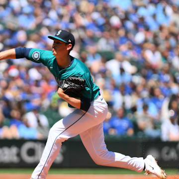 Seattle Mariners starting pitcher Emerson Hancock (62) pitches to the Toronto Blue Jays during the first inning at T-Mobile Park on July 6.