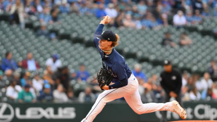 Seattle Mariners starting pitcher Bryce Miller (50) pitches to the Chicago White Sox during the first inning at T-Mobile Park on June 12.