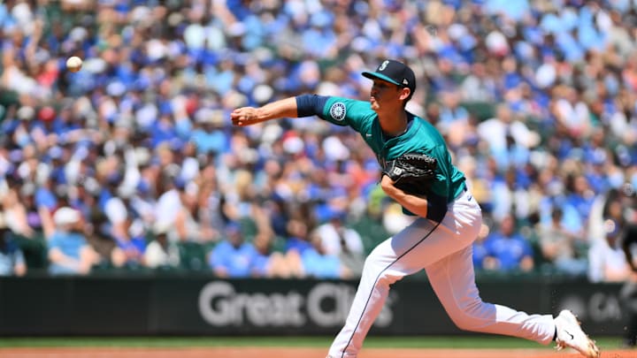 Seattle Mariners starting pitcher Emerson Hancock (62) pitches to the Toronto Blue Jays during the first inning at T-Mobile Park on July 6.