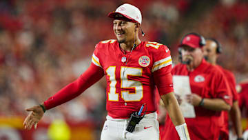 Aug 22, 2025; Kansas City, Missouri, USA; Kansas City Chiefs quarterback Patrick Mahomes (15) reacts after a touchdown during the second half against the Chicago Bears at GEHA Field at Arrowhead Stadium. Mandatory Credit: Jay Biggerstaff-Imagn Images