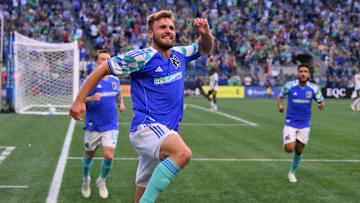 Jul 19, 2025; Seattle, Washington, USA; Seattle Sounders FC forward Pedro de la Vega (10) celebrates scoring a goal against the San Jose Earthquakes during the second half at Lumen Field. Mandatory Credit: Steven Bisig-Imagn Images