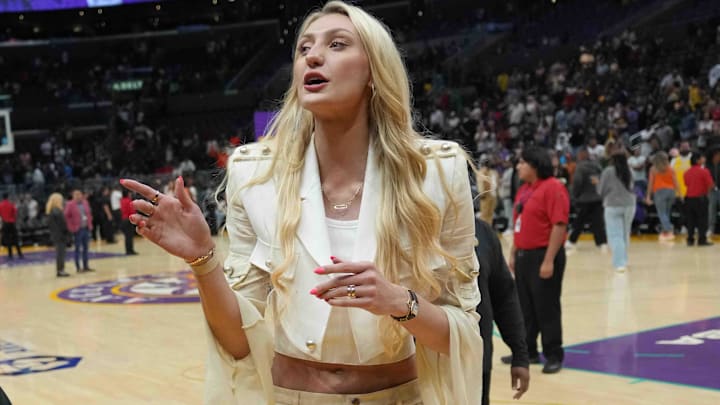 LA Sparks forward Cameron Brink leaves the floor after the game against the Las Vegas Aces at Crypto.com Arena. LA Sparks forward Cameron Brink leaves the floor after the game against the Las Vegas Aces at Crypto.com Arena.