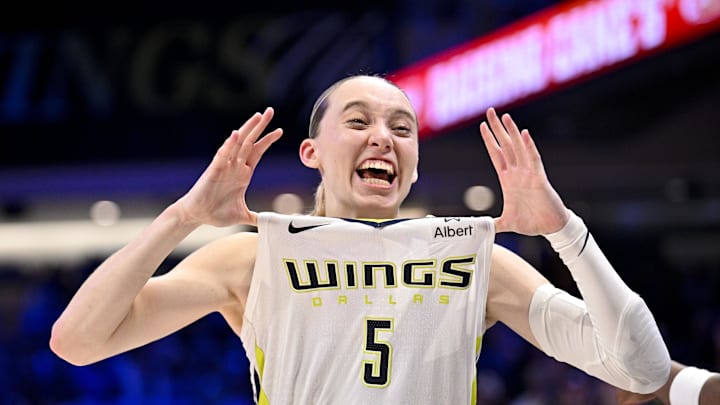 Sep 11, 2025; Arlington, Texas, USA; Dallas Wings guard Paige Bueckers (5) celebrates after the game against the Phoenix Mercury at College Park Center. Mandatory Credit: Jerome Miron-Imagn Images