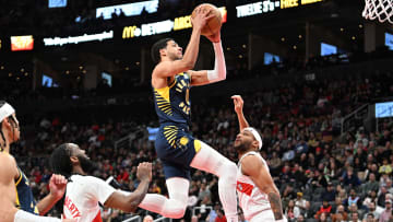 Apr 9, 2024; Toronto, Ontario, CAN;  Indiana Pacers guard Tyrese Haliburton (0) drives to the basket