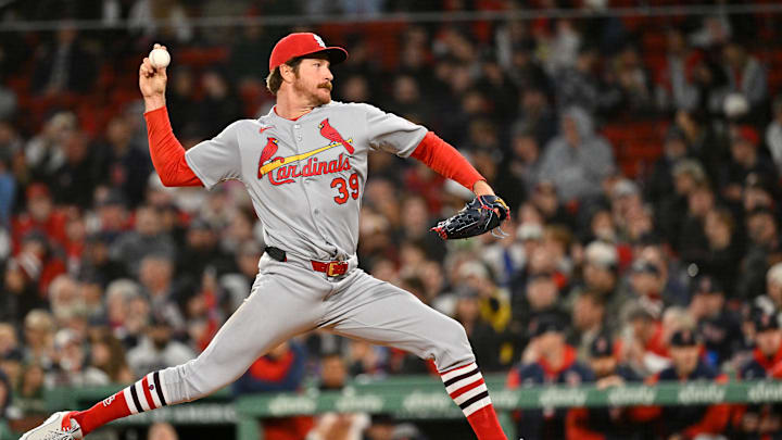 Apr 6, 2025; Boston, Massachusetts, USA; St. Louis Cardinals starting pitcher Miles Mikolas (39) pitches against the Boston Red Sox during the second inning at Fenway Park. Mandatory Credit: Eric Canha-Imagn Images