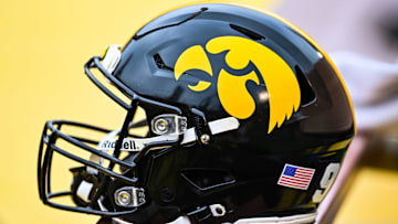 Sep 9, 2023; Ames, Iowa, USA; An Iowa Hawkeyes helmet sits ready during the game between the Iowa State Cyclones and the Iowa Hawkeyes at Jack Trice Stadium. Mandatory Credit: Jeffrey Becker-Imagn Images