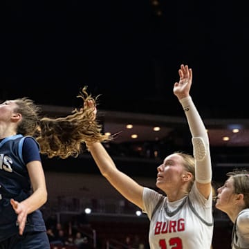 Des Moines Christian's Addy Oetker attempts a layup during the IGHSAU state basketball tournament at Wells Fargo Arena on Tuesday, March 4, 2025, in Des Moines.
