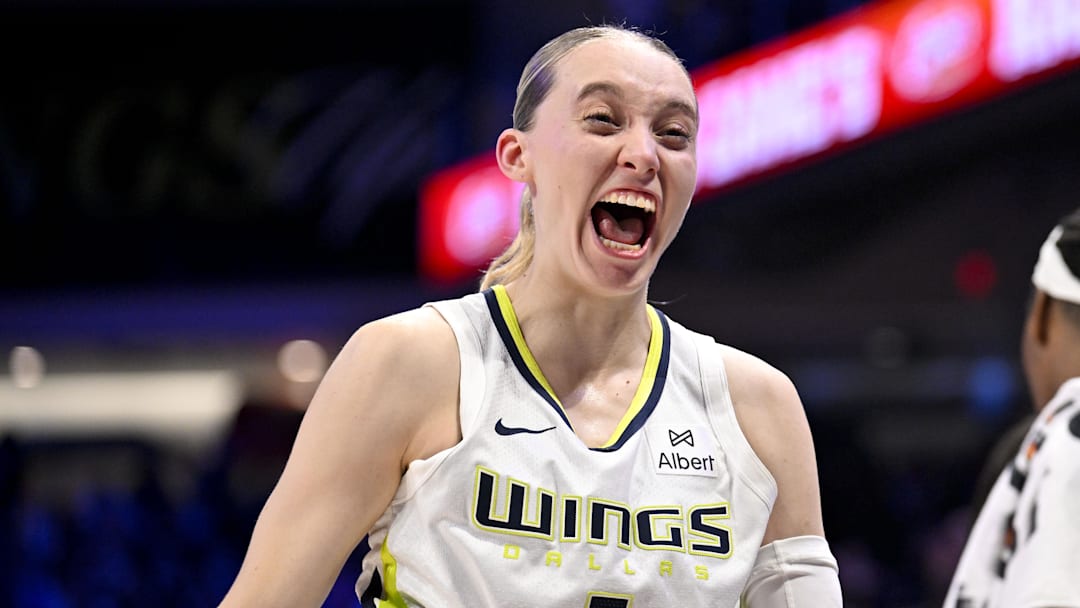 Sep 11, 2025; Arlington, Texas, USA; Dallas Wings guard Paige Bueckers (5) celebrates after the game against the Phoenix Mercury at College Park Center. Mandatory Credit: Jerome Miron-Imagn Images