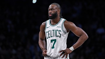 Mar 15, 2025; Brooklyn, New York, USA; Boston Celtics guard Jaylen Brown (7) during a game against the Brooklyn Nets at Barclays Center. Mandatory Credit: John Jones-Imagn Images