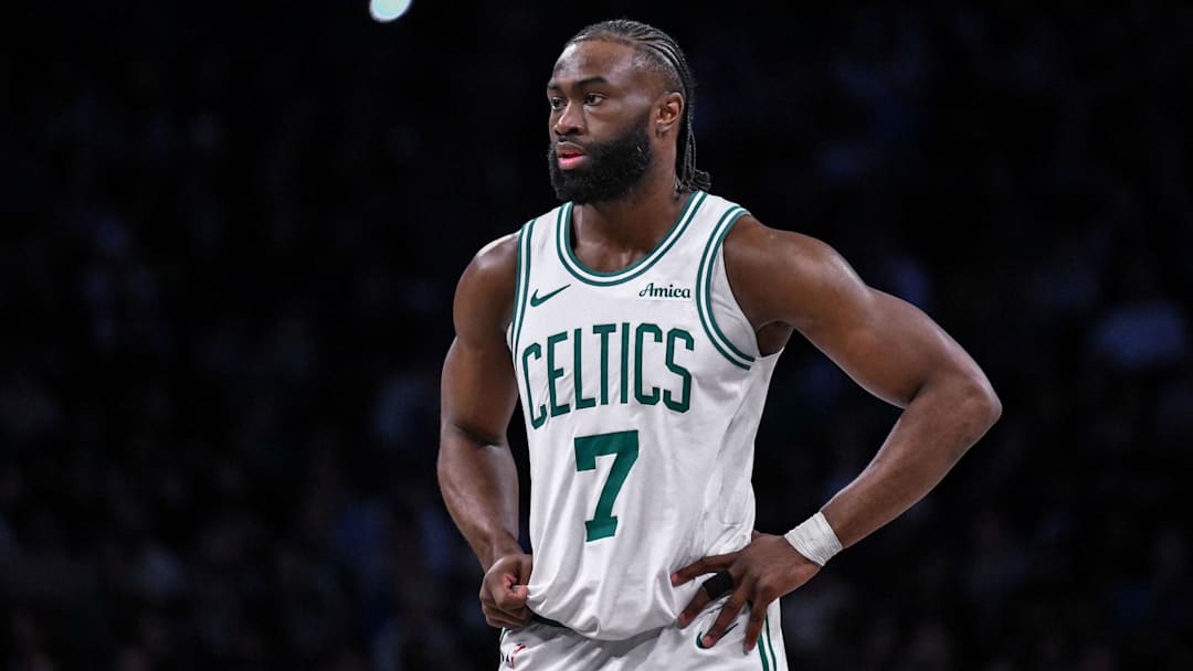 Mar 15, 2025; Brooklyn, New York, USA; Boston Celtics guard Jaylen Brown (7) during a game against the Brooklyn Nets at Barclays Center. Mandatory Credit: John Jones-Imagn Images