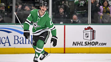 Dec 1, 2024; Dallas, Texas, USA; Dallas Stars left wing Mason Marchment (27) skates back to the team bench after he scores the game winning goal against the Winnipeg Jets during the third period at the American Airlines Center. Mandatory Credit: Jerome Miron-Imagn Images