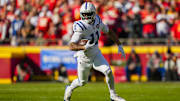 Nov 23, 2025; Kansas City, Missouri, USA; Indianapolis Colts wide receiver Michael Pittman Jr. (11) runs with the ball during the first half against the Kansas City Chiefs at GEHA Field at Arrowhead Stadium. Mandatory Credit: Jay Biggerstaff-Imagn Images