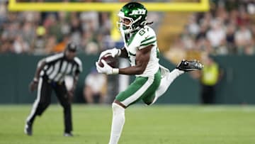 Aug 9, 2025; Green Bay, Wisconsin, USA;  New York Jets wide receiver Brandon Smith (87) catches a pass during the second half against the Green Bay Packers at Lambeau Field. Mandatory Credit: Kayla Wolf-Imagn Images