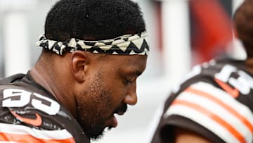 Sep 22, 2024; Cleveland, Ohio, USA; Cleveland Browns defensive end Myles Garrett (95) sits on the bench during the second half against the New York Giants at Huntington Bank Field. Mandatory Credit: Ken Blaze-Imagn Images