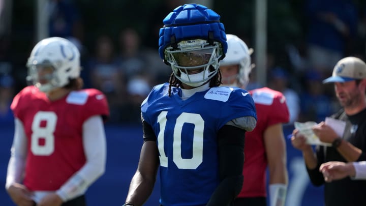 Indianapolis Colts wide receiver Adonai Mitchell (10) lines up during the Colts’ training camp Wednesday, July 31, 2024, at Grand Park Sports Complex in Westfield.